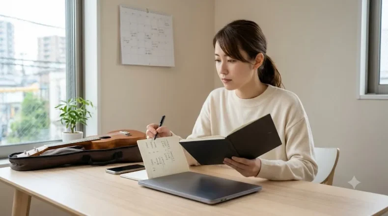 机上のウクレレとノートパソコンのそばで、女性がカレンダーを見ながら予定を整理する様子