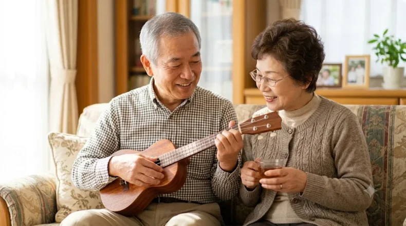 シニアの夫婦が自宅のソファでウクレレを一緒に弾き、笑顔で音楽を楽しむ穏やかな様子