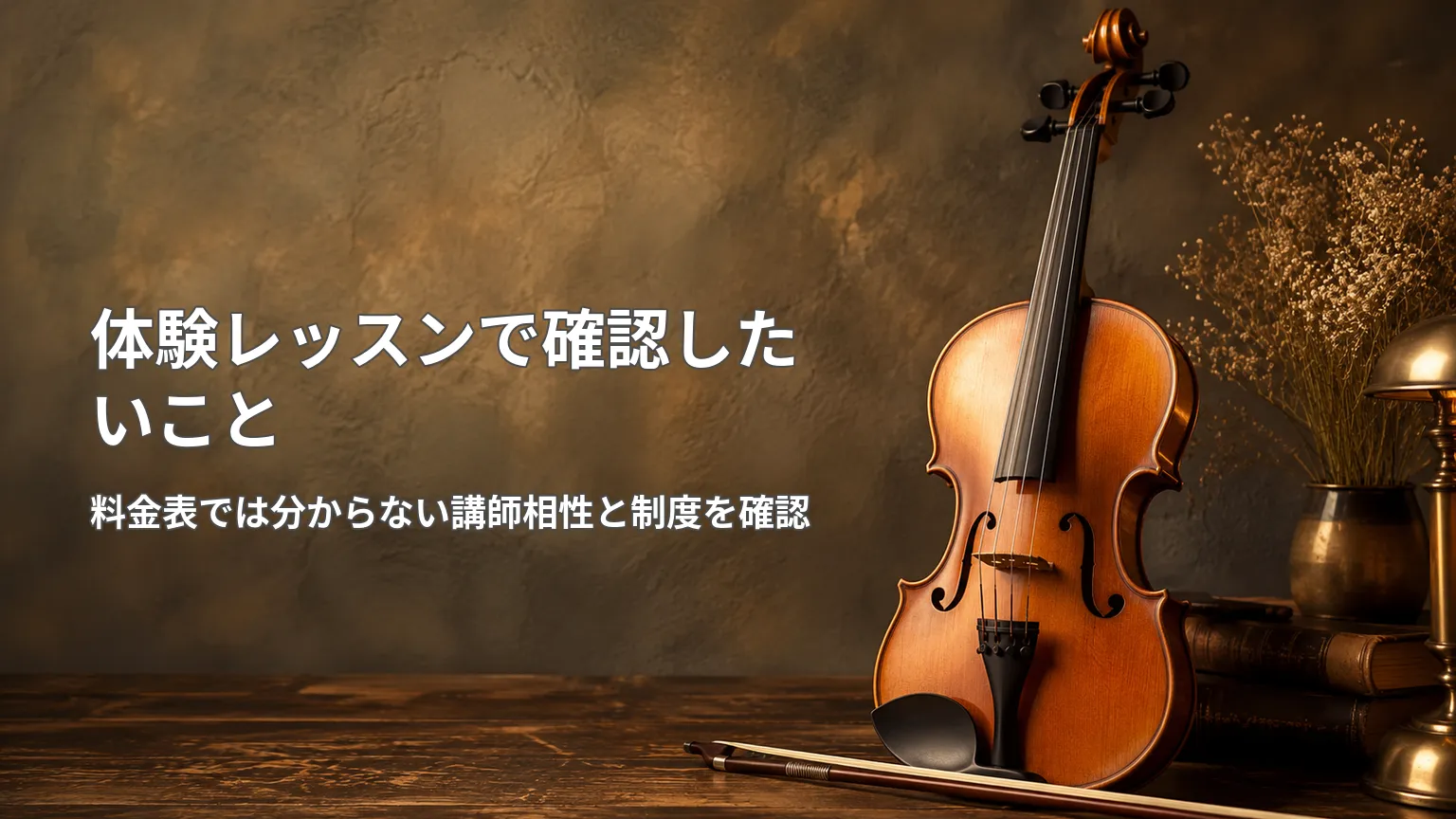 バイオリンとともに体験レッスンで、料金表では分からない講師相性や制度を確認する重要性を示す画像