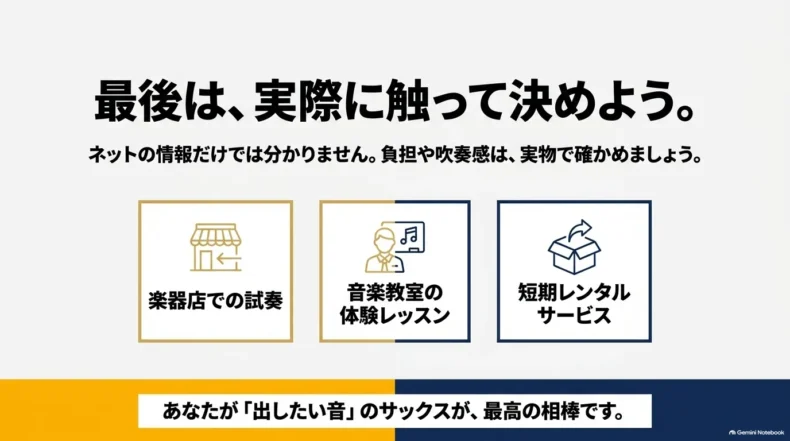 楽器店での試奏、音楽教室の体験レッスン、短期レンタルで実物を確かめる方法を紹介