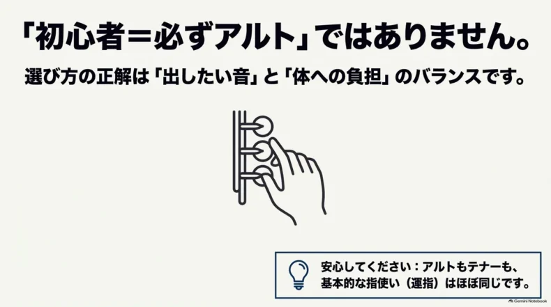 初心者でもアルトとテナーの基本運指はほぼ同じで、音と身体への負担で選ぶと示す説明