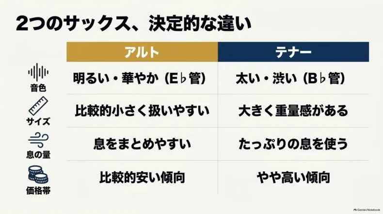アルトとテナーの音色、サイズ、息の量、価格帯の違いを4項目で比較した表