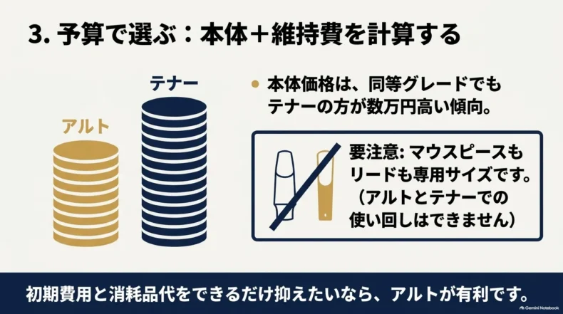 アルトとテナーの本体価格差と、マウスピースやリードが専用サイズであることを示す図
