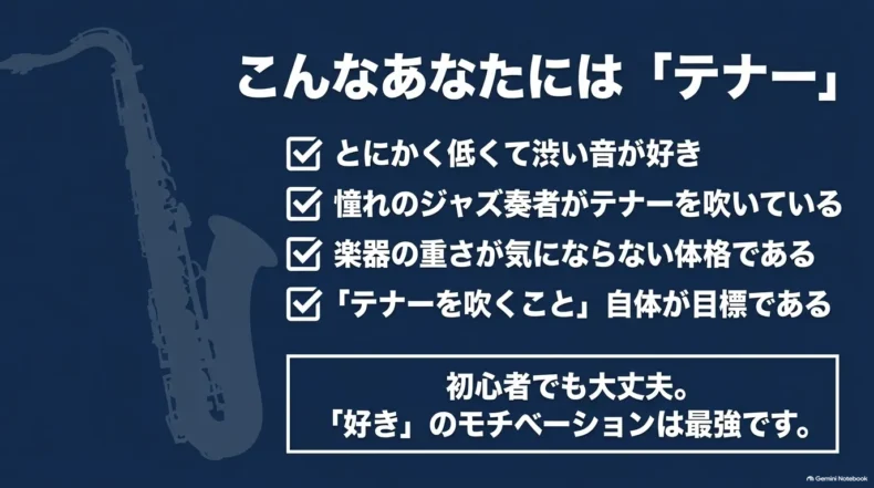低く渋い音やジャズ奏者への憧れがあり、重さが気にならない人向けのテナー選択項目