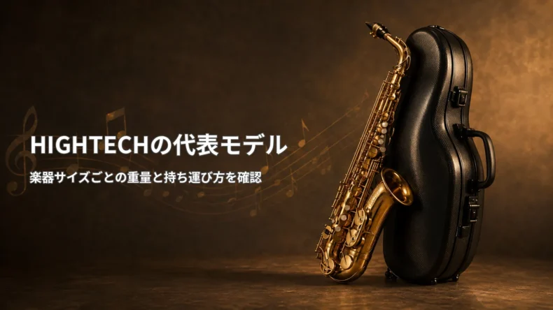 金色のサックスと黒いケースを背景に、HIGHTECHの代表モデルを楽器サイズ別の重量と持ち運び方で確認する画像