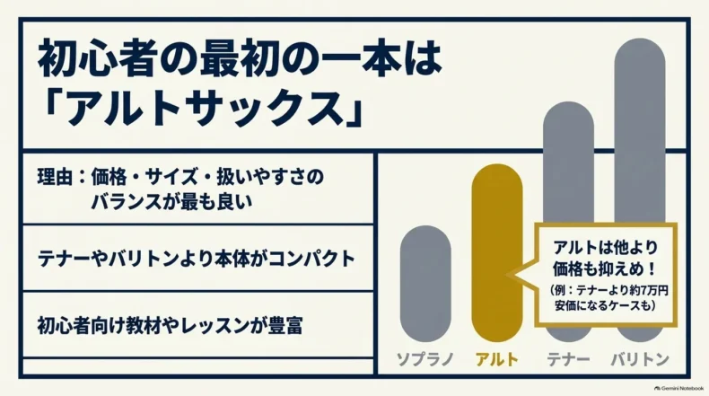 初心者の最初の一本にアルトサックスを挙げ、価格・サイズ・扱いやすさのバランスを示した比較