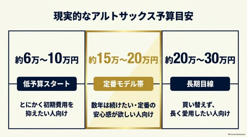 アルトサックスの予算を約6万~10万円、15万~20万円、20万~30万円の3段階で比較