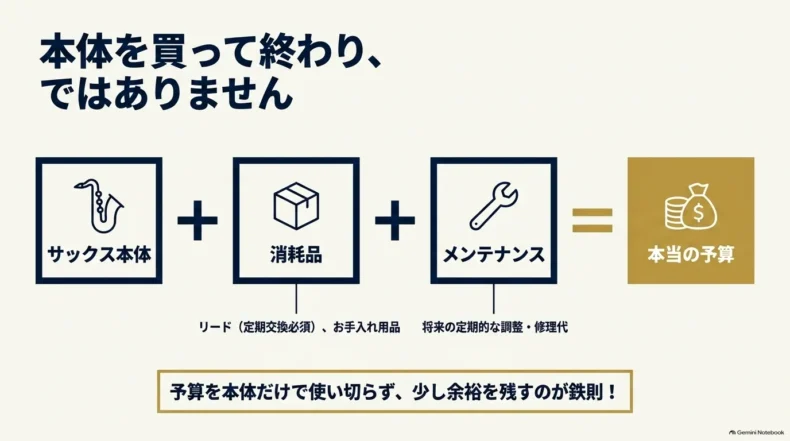 サックス本体に消耗品とメンテナンス費を加えた総額が本当の予算になることを示した構成