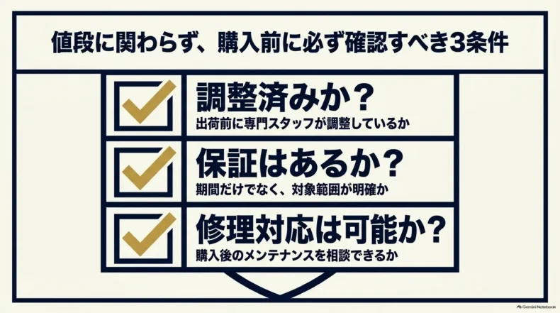 購入前に調整済みか、保証があるか、修理対応が可能かの3条件を確認するチェック項目