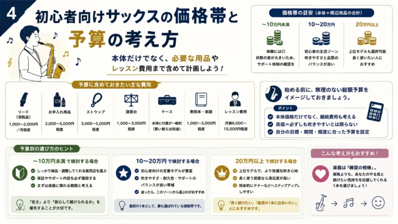 初心者向けサックス選びで重視する種類、吹きやすさと操作性、販売店、価格帯と予算の4つのポイントをまとめた図解