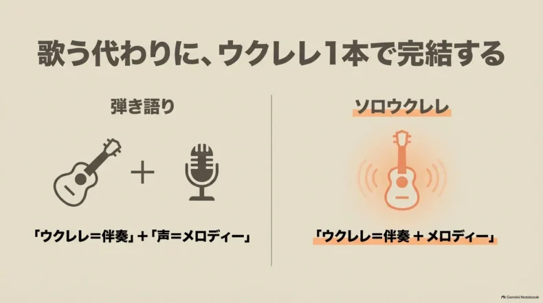 弾き語りはウクレレ伴奏と歌、ソロウクレレは1本で伴奏とメロディーを表現する違い