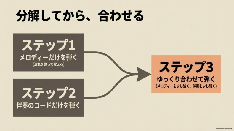 メロディーだけ、伴奏コードだけを別々に練習し、最後にゆっくり合わせて弾く3ステップ