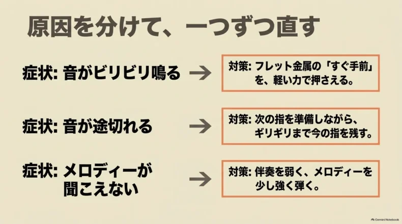 音のビリつき、音切れ、メロディーが聞こえない症状ごとに原因を分けて直す対策