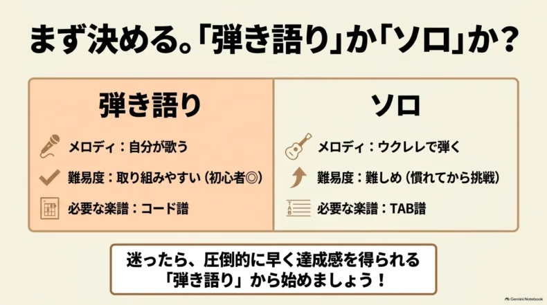 弾き語りは歌とコード譜で取り組みやすく、ソロはウクレレでメロディを弾きTAB譜を使う比較