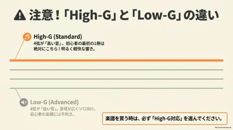 High-Gは4弦が高く明るい響き、Low-Gは4弦が低く音域が広いという違いと初心者向けの選択