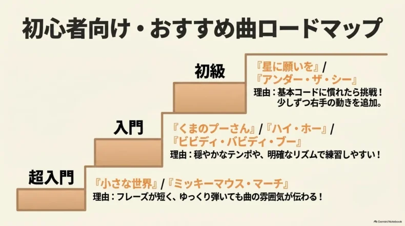 超入門から入門、初級へ進み、小さな世界やくまのプーさん、星に願いをなどを示した曲のロードマップ