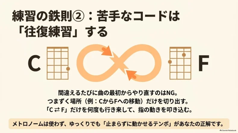 苦手なコードは曲の最初からやり直さず、CからFなどつまずく移動だけを往復して練習する方法