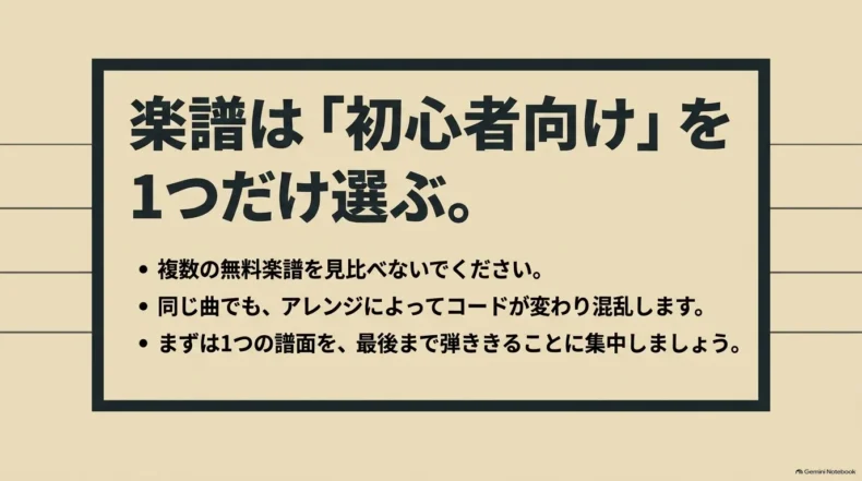 複数の無料楽譜を比べず、初心者向けの譜面を一つ選んで最後まで練習するポイント