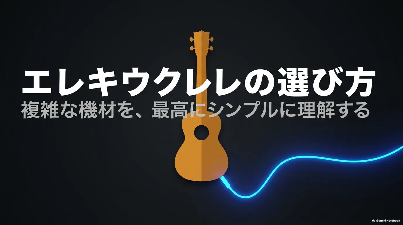 エレキウクレレの選び方と「複雑な機材を、最高にシンプルに理解する」の文字、ウクレレと光るケーブル