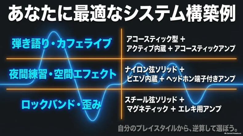 弾き語り・カフェライブ、夜間練習・空間エフェクト、ロックバンド・歪みに合うシステム構成例