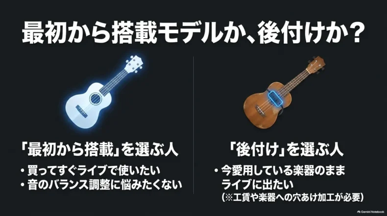 最初からピックアップ搭載モデルを選ぶ場合と、愛用楽器へ後付けする場合の向く人の比較