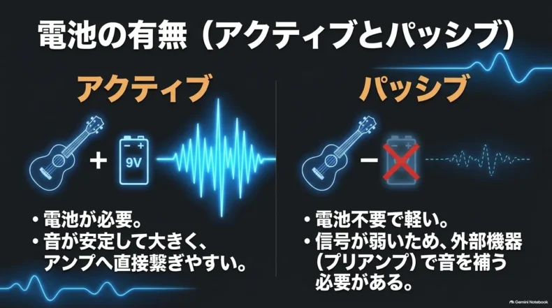 電池が必要で安定した出力のアクティブと、電池不要で外部プリアンプを使うパッシブの比較