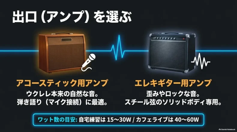 自然な音や弾き語り向けのアコースティック用アンプと、歪みやロック向けエレキギター用アンプの比較
