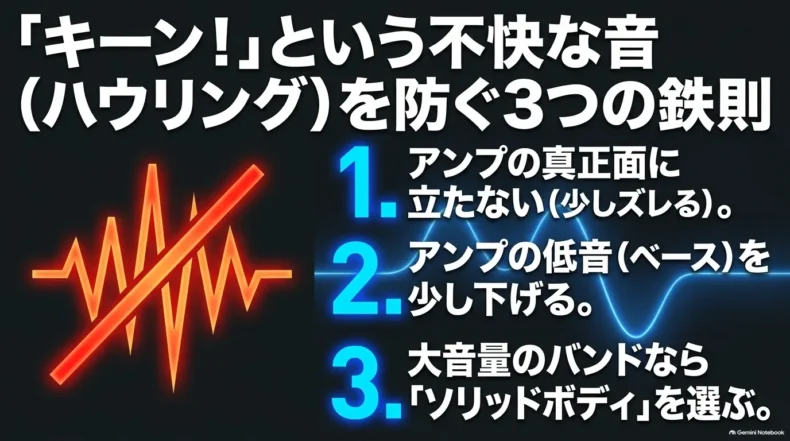 ハウリングを防ぐため、アンプ正面を避ける、低音を下げる、大音量ではソリッドボディを選ぶ3つの対策