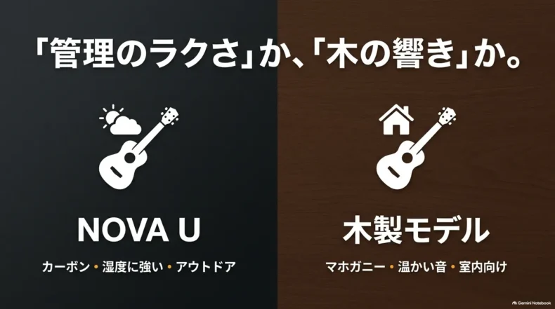NOVA Uはカーボン複合材で湿度に強く屋外向け、木製モデルはマホガニーで温かい音と室内使用向けと比較している