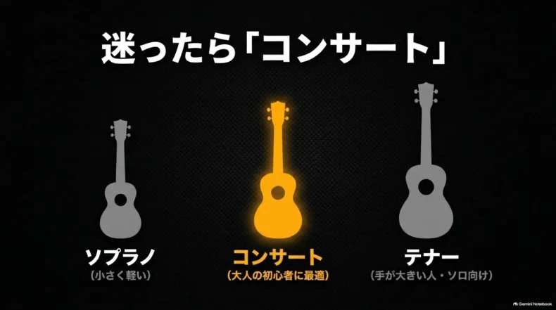 ソプラノは小さく軽い、コンサートは大人の初心者向け、テナーは手が大きい人やソロ向けとしてサイズを比較している