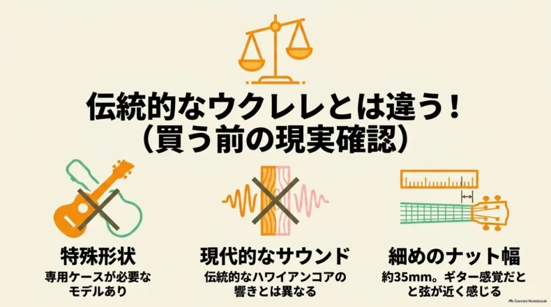 特殊なボディ形状、伝統的なハワイアンコアとは異なる響き、約35mmのナット幅という注意点