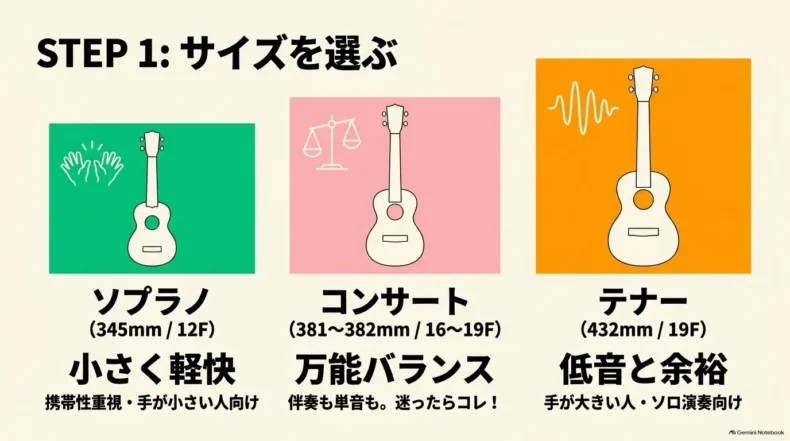 ソプラノ345mm、コンサート381〜382mm、テナー432mmのサイズと用途の違いを比較
