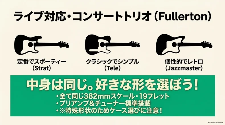 FullertonのStrat、Tele、Jazzmaster型を比較し、382mmスケール・19フレット・プリアンプ搭載を示す