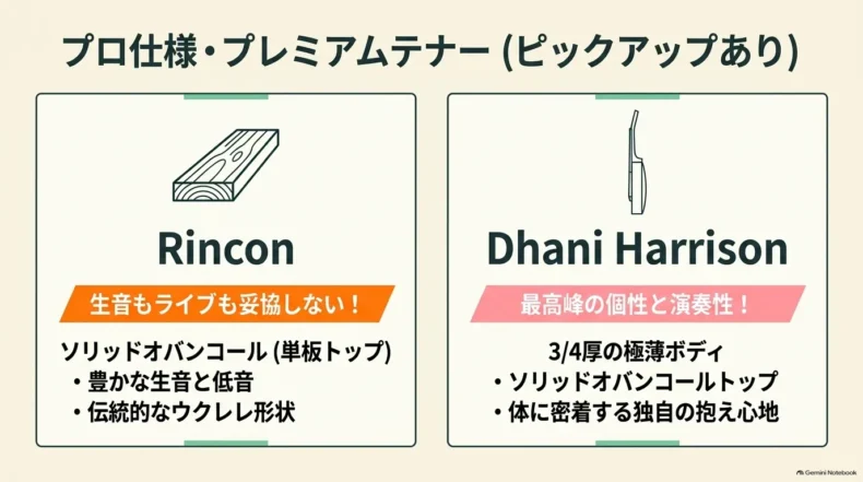 Rinconの単板オバンコールトップと、Dhani Harrisonの4分の3厚薄胴ボディの特徴を比較
