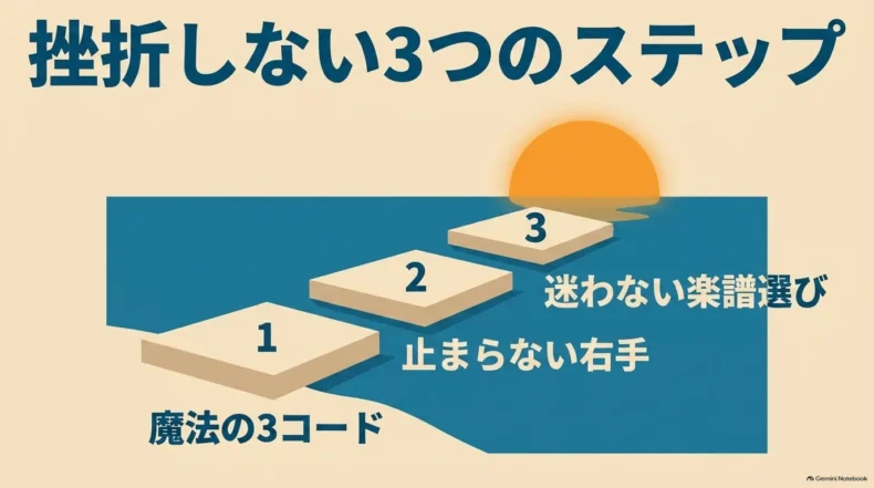 挫折しない3ステップとして、3コード、止まらない右手、迷わない楽譜選びを示した階段