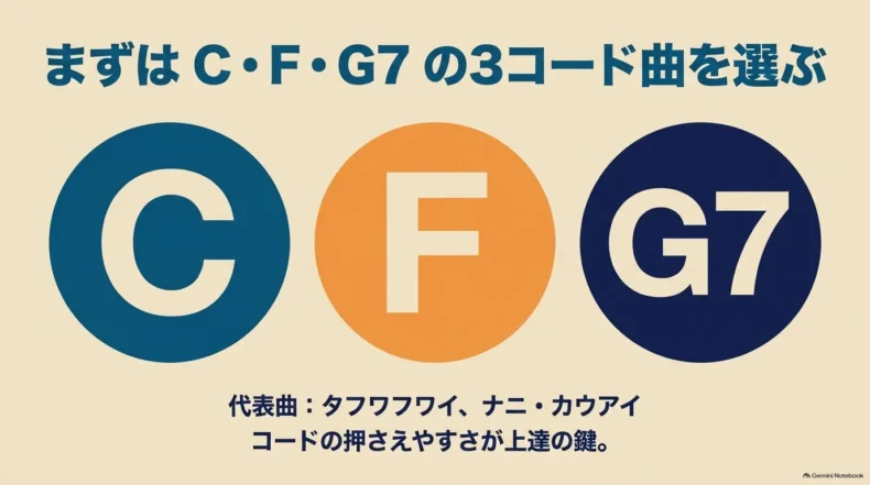 初心者が最初に選ぶC・F・G7の3コードと、タフワフワイやナニ・カウアイの例