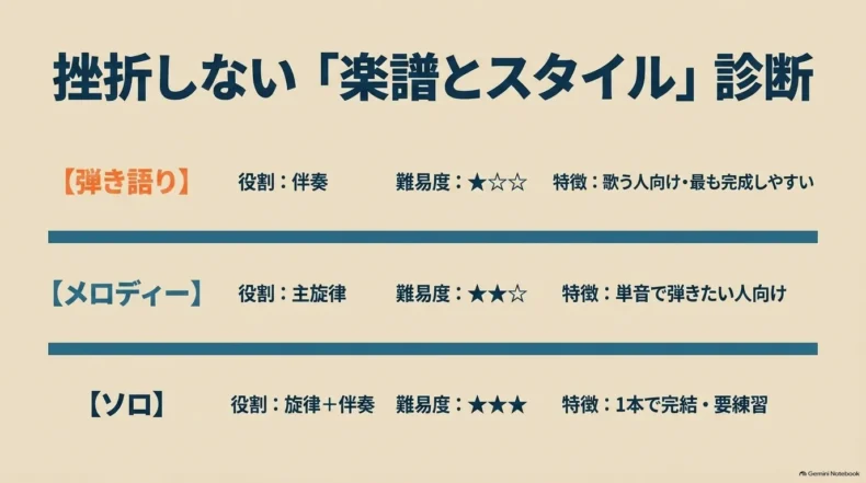 弾き語り・メロディー・ソロの役割、難易度、向いている演奏スタイルの比較