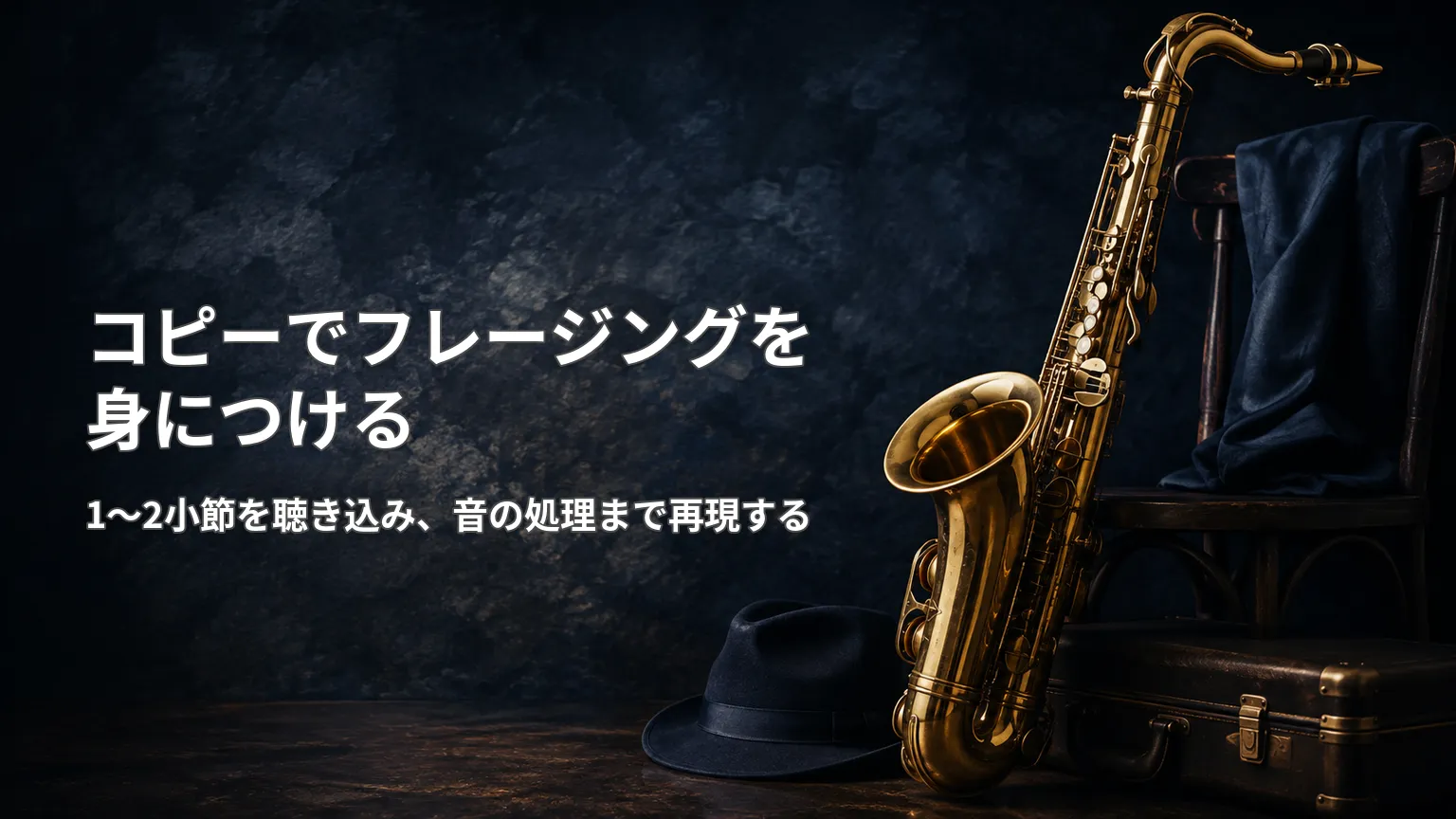 録音から短いジャズフレーズを聴き取り、歌って演奏し比較するコピー練習の流れを示した画像