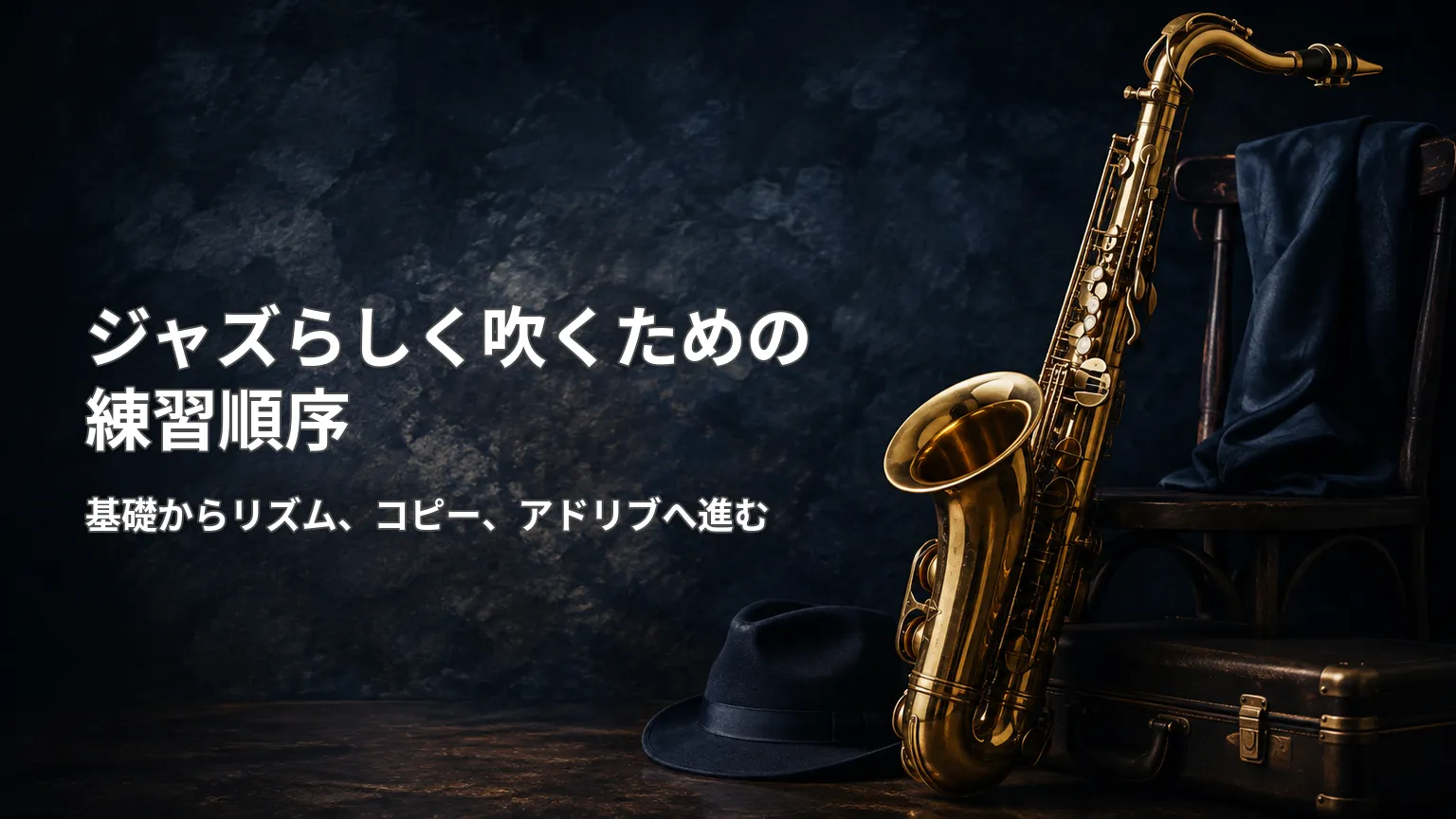 基礎、リズム、コピー、アドリブへ段階的に進むジャズサックス初心者向けの練習順序を示した画像