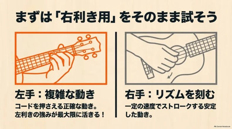 左手でコードを押さえ、右手で一定のリズムを刻む右利き用ウクレレの基本的な役割分担