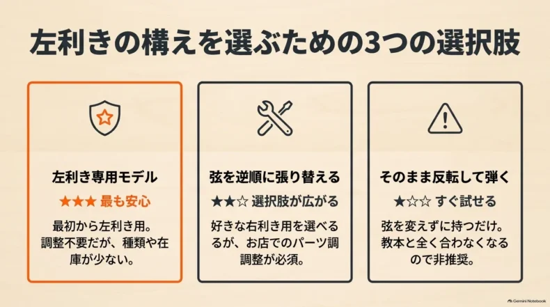 左利き専用モデル、弦の逆順張り替え、そのまま反転して弾く3つの方法と特徴の比較