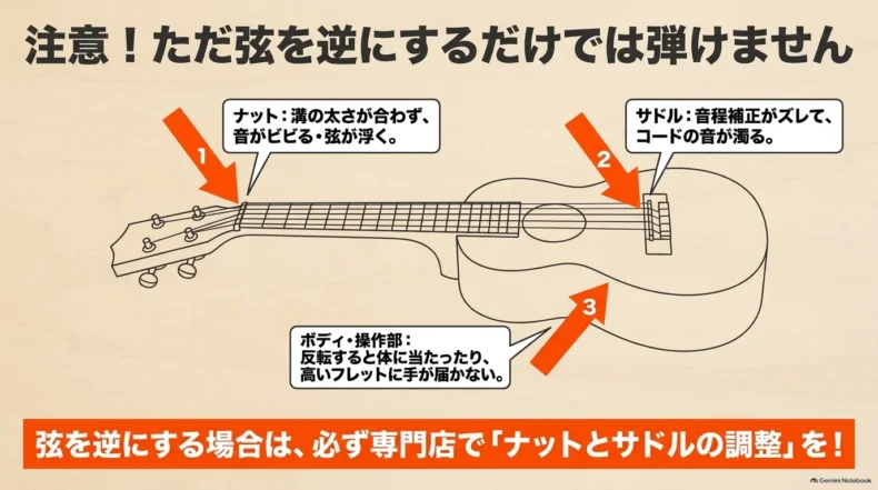 弦を逆にする際に確認が必要なナット、サドル、ボディや操作部の位置を示したウクレレ