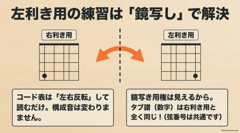 右利き用コード表を左右反転して左利き用として読み、タブ譜の弦番号は共通とする説明