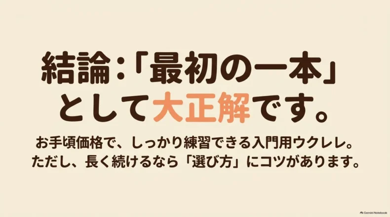 手頃な価格で練習できる入門用ウクレレで、長く続けるなら選び方が重要という結論