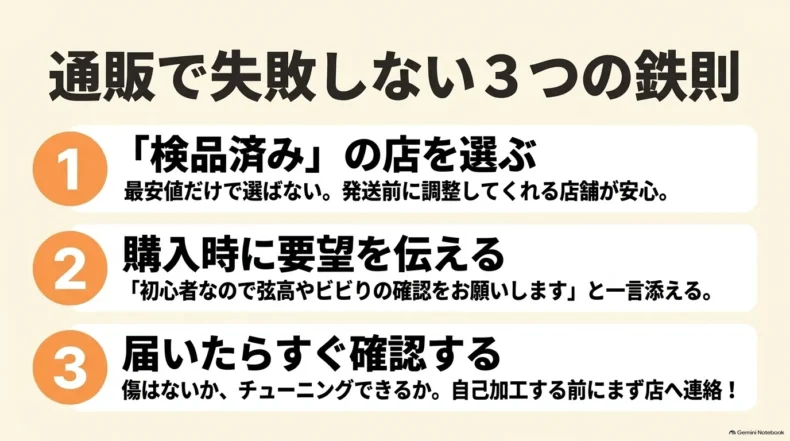 通販では検品済みの店を選び、購入時に弦高やビビりの確認を頼み、到着後すぐ状態を確認する