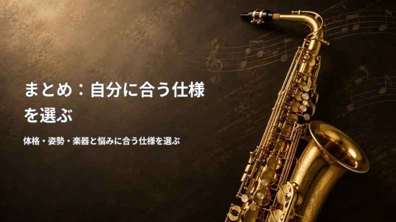 金色のサックス写真と「まとめ:自分に合う仕様を選ぶ」「体格・姿勢・楽器と悩みに合う仕様を選ぶ」の文字