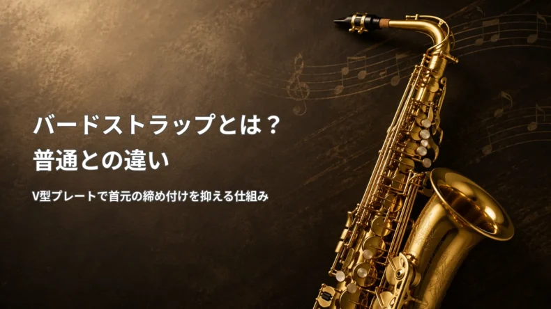金色のサックス写真と「バードストラップとは?普通との違い」「V型プレートで首元の締め付けを抑える仕組み」の文字