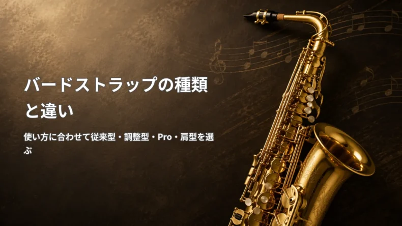 金色のサックス写真と「バードストラップの種類と違い」「使い方に合わせて従来型・調整型・Pro・肩型を選ぶ」の文字