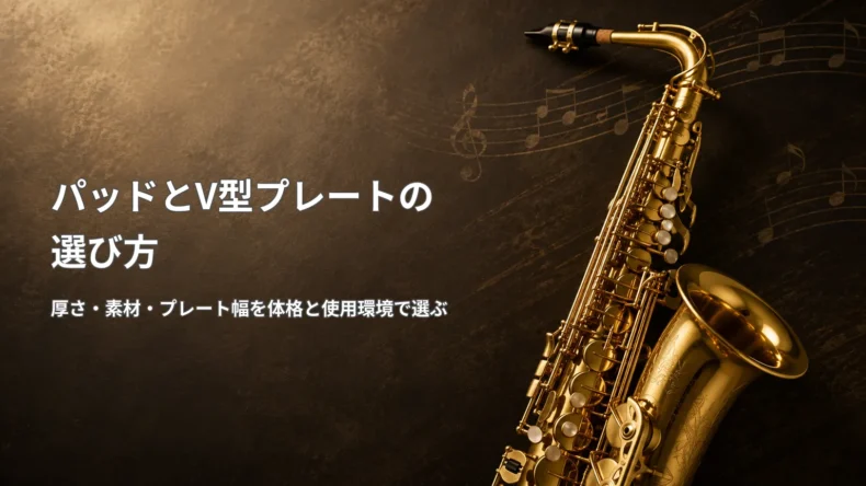 金色のサックス写真と「パッドとV型プレートの選び方」「厚さ・素材・プレート幅を体格と使用環境で選ぶ」の文字