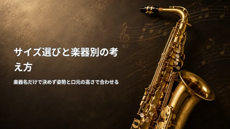金色のサックス写真と「サイズ選びと楽器別の考え方」「楽器名だけで決めず姿勢と口元の高さで合わせる」の文字